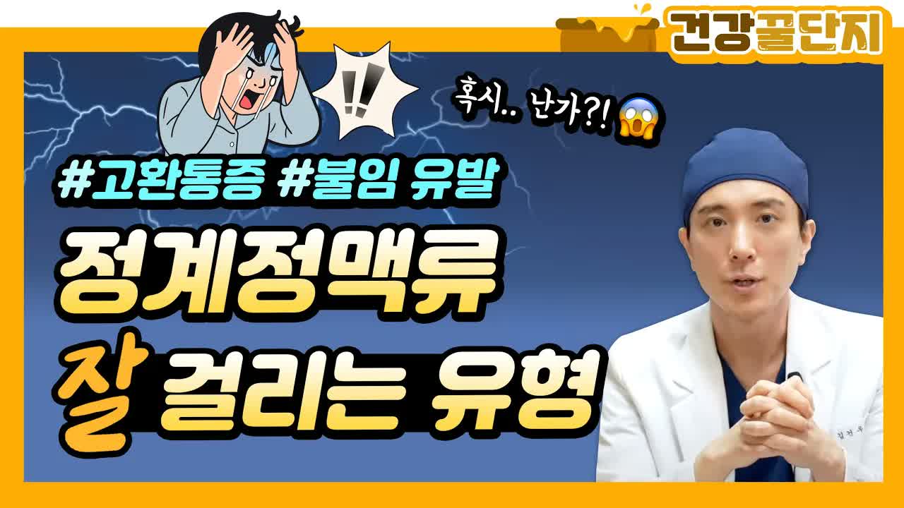 04_5 Types of Risk - Mint Hospital Korean video thumbnail about testicular pain and infertility; doctor on the right with bold text and a shocked cartoon on the left.